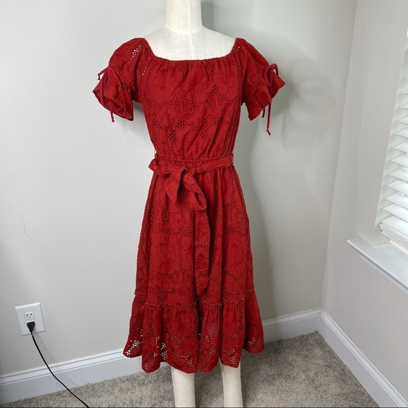 Shoshanna anthropologie eyelet red belted ruffle midi dress size 2 wedding guest - Picture 14 of 14